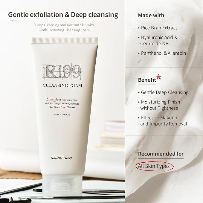 R199 Rice Enzyme Cleansing Foam – Deep Cleanser for Sensitive Skin, Blackhead & Pore Care, Double Cleansing, Aloe & Hyaluronic Acid, Korean Skin Care, Fragrance Free, 5.07 fl oz
