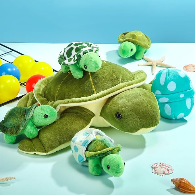 Aoriher 6 Pieces Sea Turtle Stuffed Animal with Babies 12" Mommy Stuffed Sea Turtle with 3 Little Plush 2 Plush Eggs Soft Pillow Tortoise Hugging Gifts for Kids Birthday Baby Shower Party(Classic)