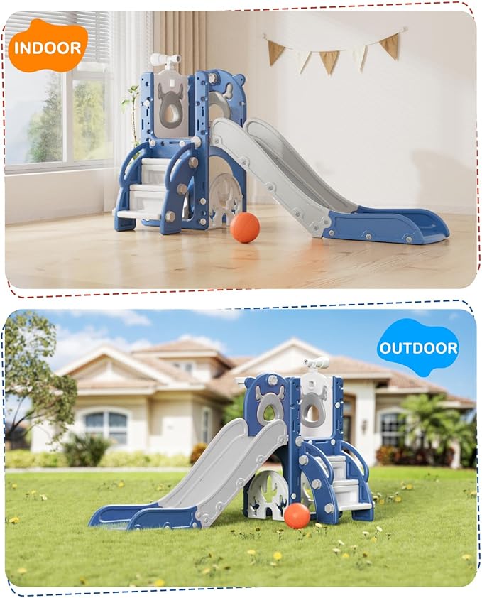 YUFU 7 in 1 Kids Slide for Toddlers, Toddler Slide Playset with Golf, Climber, Basketball Hoop and Ball, Indoor Outdoor Toddler Playground for Kids Age 1-3 (Blue)