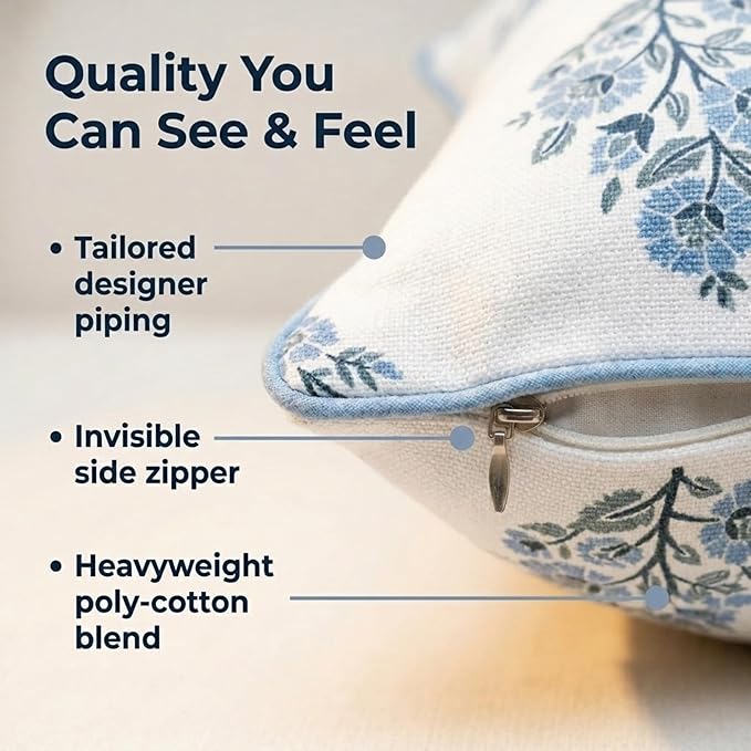 “The Camille” Floral Block Print Pillow Cover – Soft Blue and White Decorative Throw Pillow Cover – Grandmillennial Home Decor, 20" x 20"