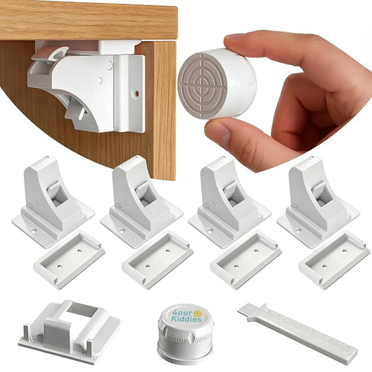 4our Kiddies Magnetic Cabinet Locks (4-Pack) – Invisible Baby Proofing Safety Latches for Cabinets & Drawers – No-Drill Adhesive Locks with 1 Magnetic Key