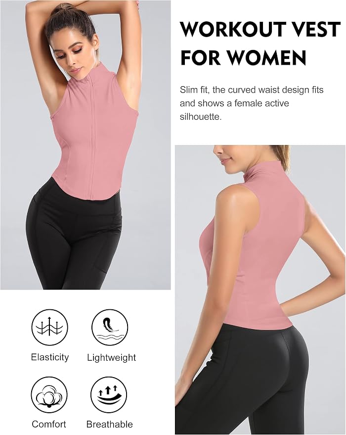 Flygo Women's Full Zip Sleeveless Workout Yoga Active Jacket Vest Golf Shirts