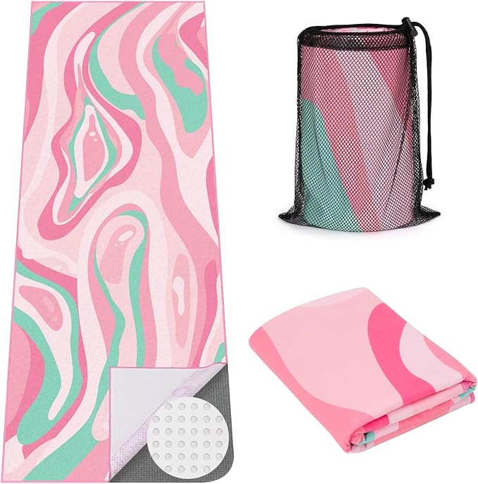 Yoga Mat Towel Cover with Large Corner Pockets, Non Slip Grip Microfiber Mat Cover Mat for Hot Yoga, Pilates and Gym Workout, 74" L x 26" W, Pink