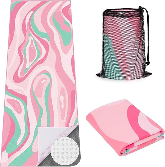 Yoga Mat Towel Cover with Large Corner Pockets, Non Slip Grip Microfiber Mat Cover Mat for Hot Yoga, Pilates and Gym Workout, 70" L x 26" W, Pink