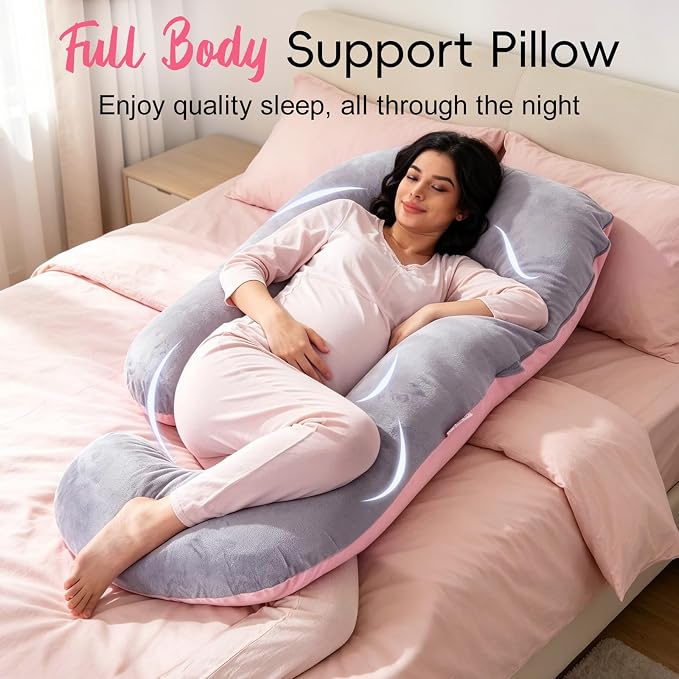 Pregnancy Pillow for Sleeping, Soft 57“ Full Body Maternity Pillow, U Shaped with Removable Washable Cover, Support for Back, Belly, Leg, Hip, Neck & Shoulder (Pink & Grey)
