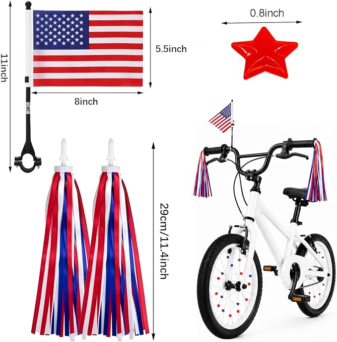 PLATT Kid's Bicycle Handlebar Streamers Colorful Ribbons Tassel for Girls Boys Bicycle Handlebar Scooter Handgrip (1Pair) (Red, white and blue stars)