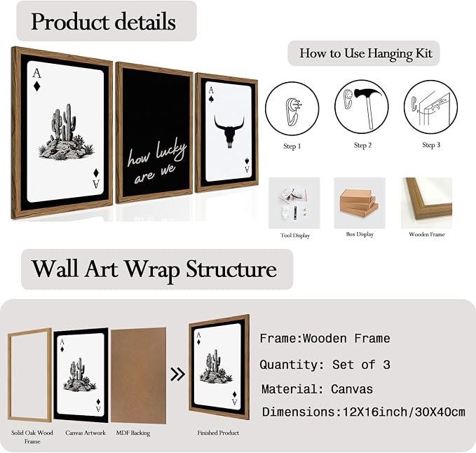 Western Wall Art Set of 3, Southwestern Cowboy Playing Card Wall Decor, Longhorn Bull Skull and How Lucky are We Poster Canvas Painting Prints for Bedroom Living Room 12x16 inch Wood Framed