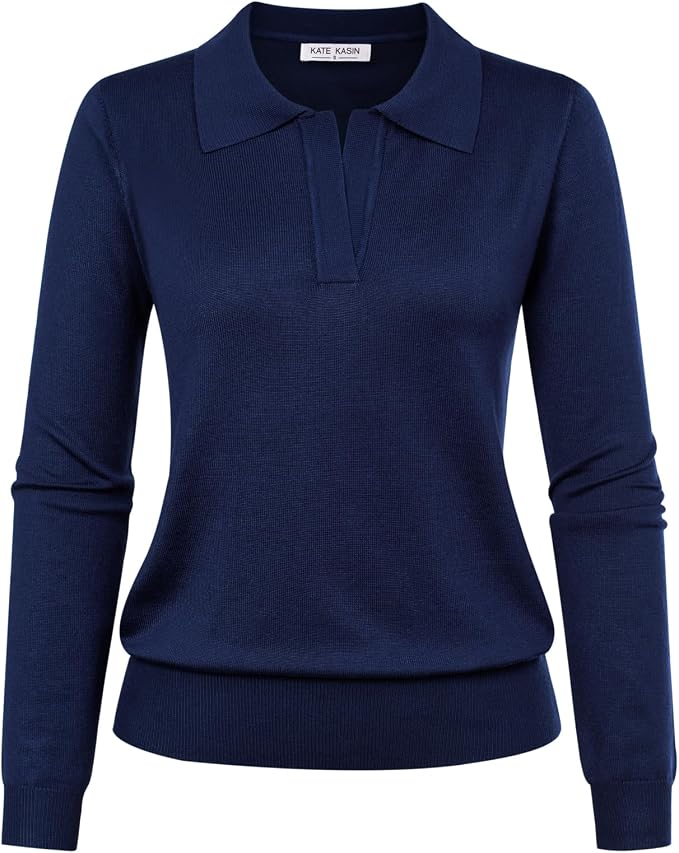 Women's Long Sleeve Classic V Neck Casual Fall Winter Polo Sweater Tops | Basic Collared Knitted Fashion Work Business Formal Daily Wear Versatile Pullover Shirts