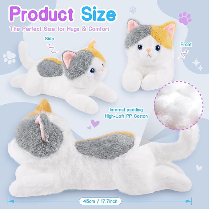 17.8 Inch Cat Plush Stuffed Animal Long Cute Cats Pillow Soft Doll Stuffed Cute Toys Animals Lover Gift Kid Birthday Holiday Party Favor(Calico Cat)