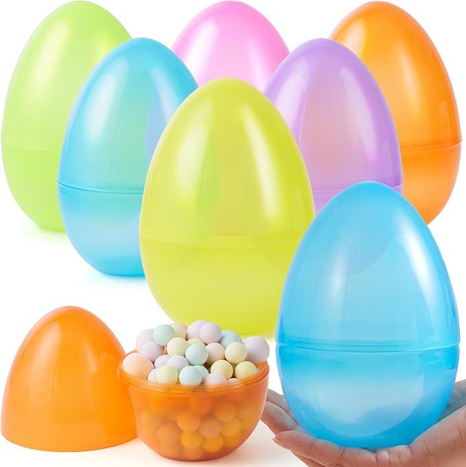 JOYIN 6 Pcs Large Clear Easter Eggs, 6 Inches Jumbo Plastic Eggs Fillable for Easter Themed Hunt Colorful Basket Stuffers Fillers Filling Treats Party Favor Classroom Prize Supplies