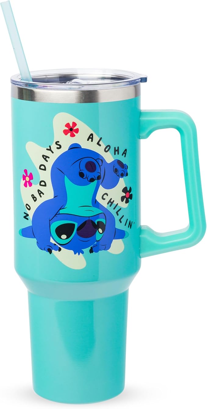 Silver Buffalo Disney Lilo and Stitch Aloha No Bad Days Chillin’ Double Walled Stainless Steel Tumbler with Handle and Straw, Fits in Standard Cup Holder, 40 Ounces