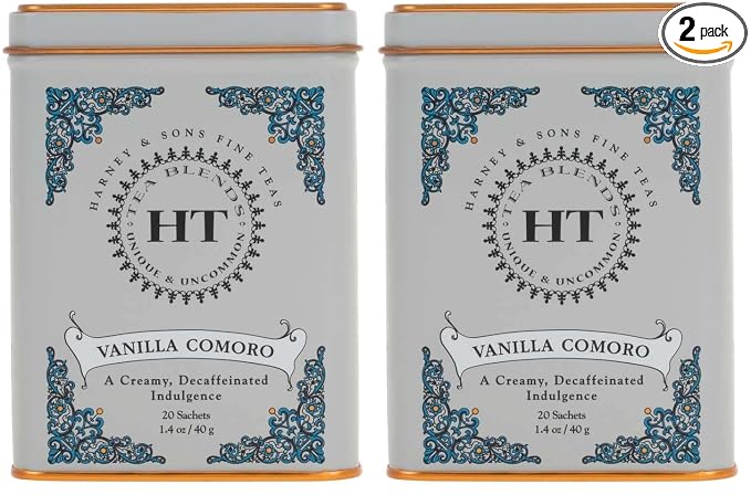 Harney & Sons Tea Decaffeinated, Great Present Idea, Vanilla Comoro, 1.4 oz Tin (20 Sachets) (Pack of 2)