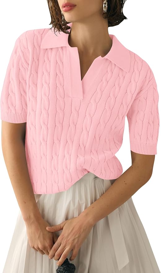 Micoson Womens Short Sleeve Sweater Tops Lapel V Neck Polo Shirts 2026 | Summer Cable Knit Loose Blouses, Business Casual Outfits