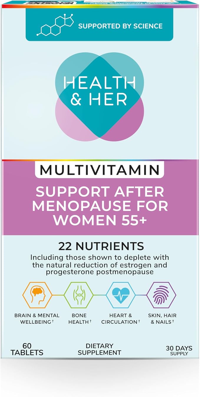 Health & Her Multivitamin for Women 55+ & Postmenopausal, 30 Day Supply | Daily dietary supplement with 22 key nutrients for wellbeing after menopause; Vegan, gluten-free; 60 tablets