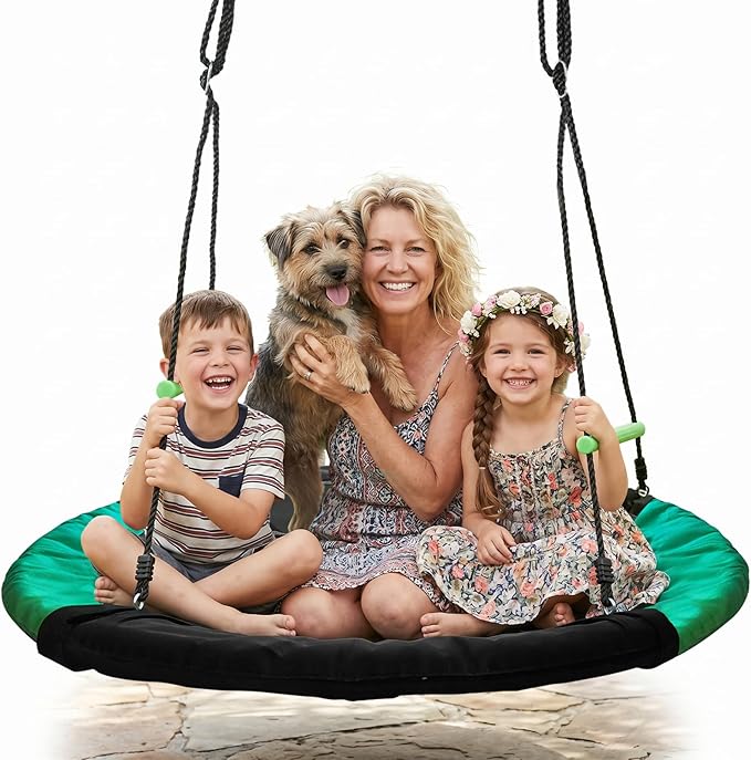 YSEJOMP 4FT Round Tree/Saucer Swing with Handles -Made of Sturdy Frame,PP Mat,Adjustable Multi-Strand Ropes,Safe and Durable for Yard Garden Playground Park (Black and Dark Green, 48 inches)