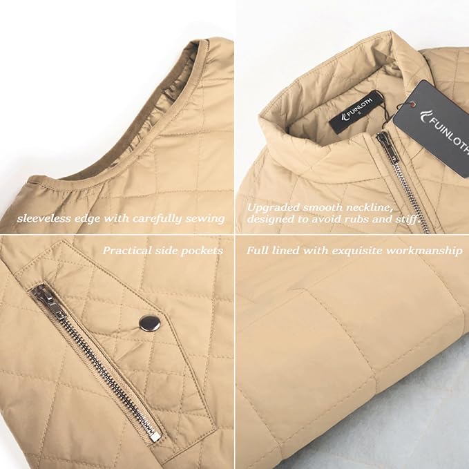 Fuinloth Women's Quilted Vest Lightweight Puffer Stand Collar Zip Gilet | 4 pockets with 2 inner storage. Quilted padded warm gilet. Fall winter outerwear layering vest for travel hiking daily wear.