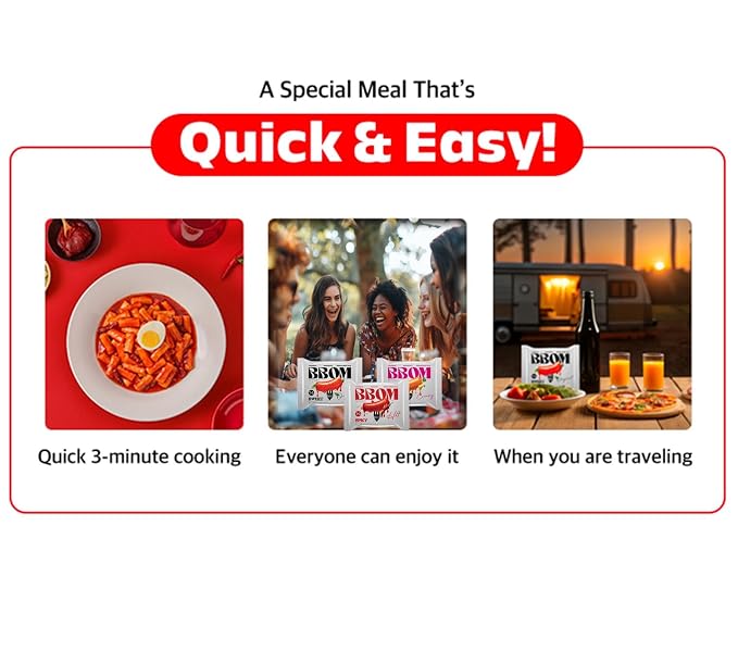 BBOM Instant Korean Tteokbokki Pouch – Sweet & Spicy Street Food – Easy and Convenient Preparation – Includes Tray, Rice Cakes & Powder Sauce, 3 Flavors_5.19oz (147g) x 2ea (Rosé)