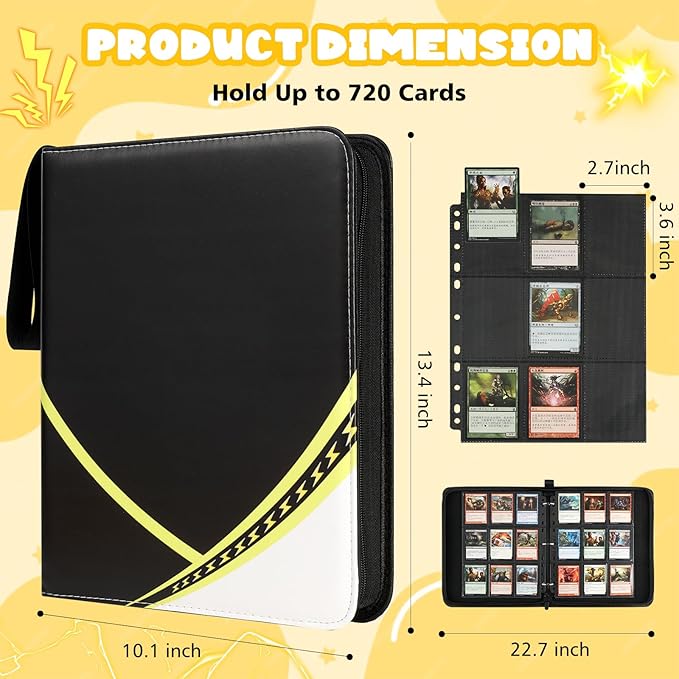 9 Pocket Card Binder for Pokemon Card, 720 Pockets Card Binder Holder with 40 Removable Sleeves, 3-Ring Zip Design Trading Card Albums for MTG/TCG/Sport Collectible Gifts for Boys and Girls (Black)