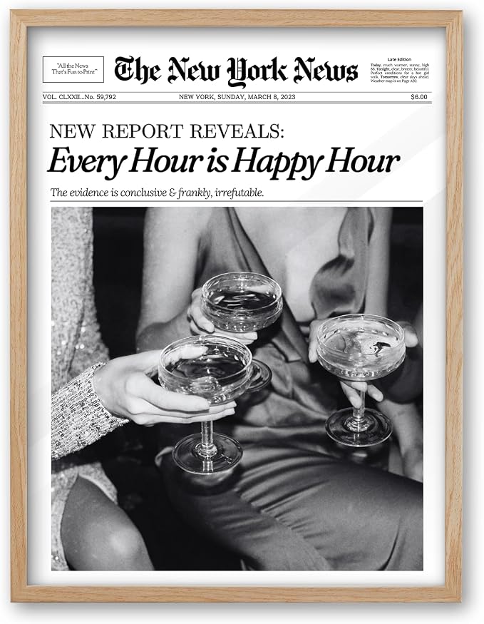 iHery 16x20in Every Hour Is Happy Hour Framed Newspaper Wall Art | Natural OAK Wood Frame with Canvas Print, Retro Editorial Decor for Bedroom, Girl Dorm, Living Room and Gallery Wall, 1Pack