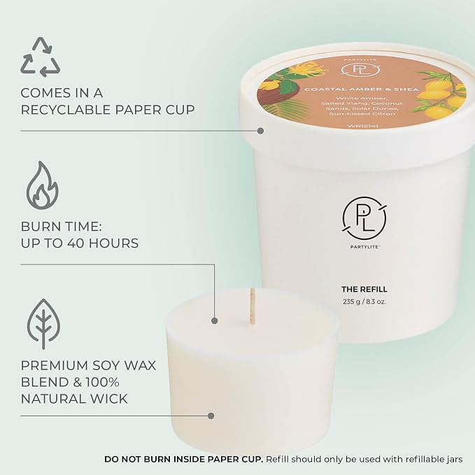 PartyLite Coastal Amber & Shea Scented Candle Refill, Notes of Ylang Ylang Flower, Citron & Coconut, 10oz 1-Wick Aromatherapy Candle, Up to 40 Hours of Luxury Fragrance, Sustainable Premium Soy Wax