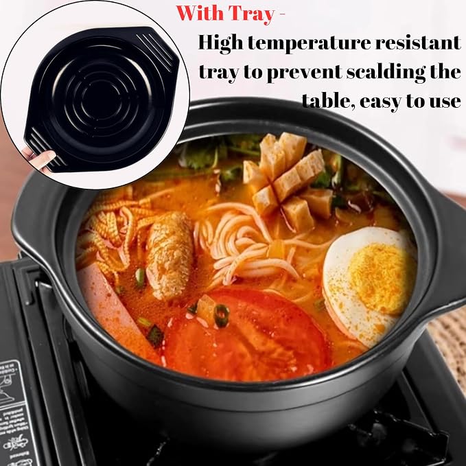 Korean Stone Pot, Ceramic Sizzling Hot Pot for Bibimbap Korean Stone Bowl with Lid and Trivet 40 oz Clay Pot for Cooking, Korean Cooking Pot, 1200ml, Black, for 1-2 people