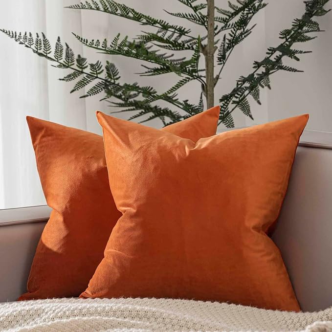 22x22 Velvet Throw Pillow Covers Set of 2 for Couch Sofa Bed,Burnt Orange | JUSPURBET Decorative Pillow Covers with Invisible Zipper for Modern Living Room Bedroom Home Decor Halloween
