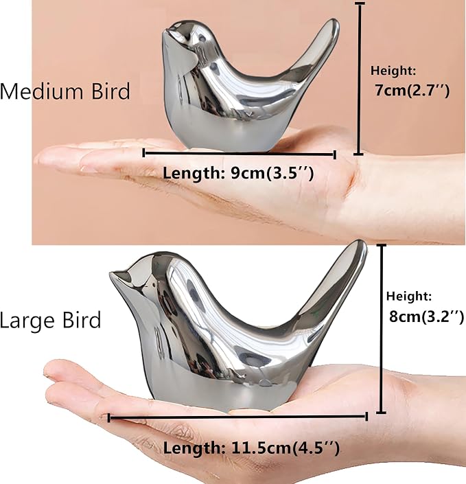 FANTESTICRYAN Small Birds Statues Home Decor, Modern Style, Silver, M&L | Ceramic Animal Figurines, Set of 2 Decorative Ornaments, For Living Room, Bedroom, Office Desktop, Cabinets, Coffee Bar