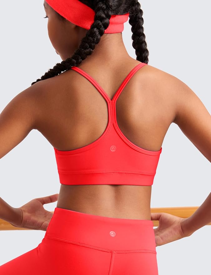 CRZ YOGA Girls Butterluxe Y Back Sports Bra - Yoga Athletic Casual Tops Scoop Neck Spaghetti Strap Padded Crop Kids Teen