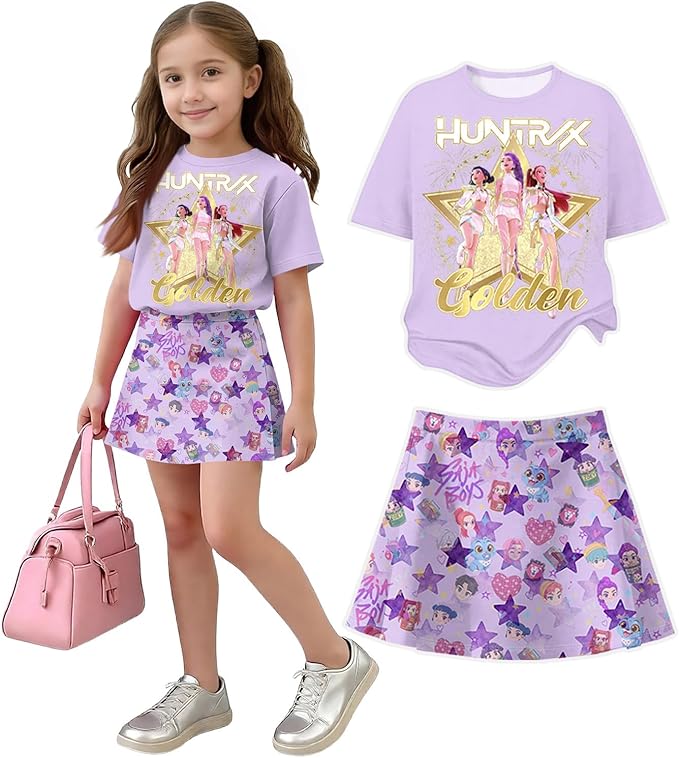 HTHLVMD K Pop Short Sleeve T-Shirt and Skirts Outfits Set for Girls Hunters Rumi Mira Zoey Graphic Tees De-Mon Costume
