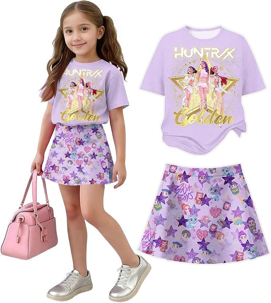 HTHLVMD K Pop Short Sleeve T-Shirt and Skirts Outfits Set for Girls Hunters Rumi Mira Zoey Graphic Tees De-Mon Costume