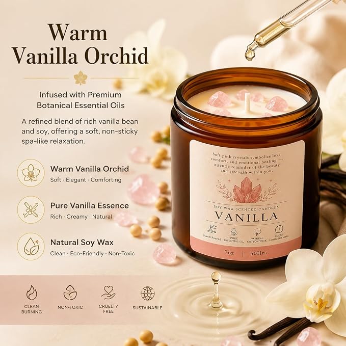 Vanilla Soy Candle with Crystal 7oz Scented Candles Aromatherapy Candle | Up to 40 Hours Burning Time | 100% Natural Soy Wax Jar Candle for Home Yoga | Gift Crystal Candle for Women