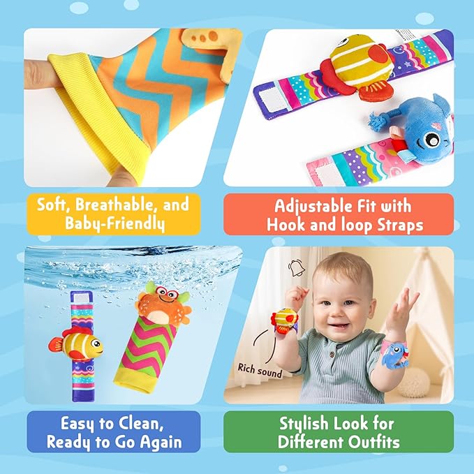 URMYWO Wrist Rattles for Baby - Rattle Socks - Foot Finder Set - Baby Toys for 0-12 Months Infant - Newborn Essentials - Early Learning Sensery Toys for Boys and Girls as Shower Gifts Valentines Gifts