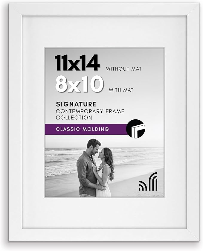 Americanflat 11x14 Picture Frame with Shatter-Resistant Glass - Use as 8x10 Frame with Mat or Display 11x14 Photo Without Mat - Signature Collection - Picture Frames for Wall Display - White | Shatter-resistant glass, hangs vertical or horizontal, sawt...