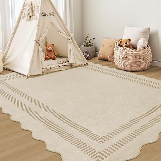 Washable Rug 5x7 Area Rugs for Living Room, Solid Khaki Rug Non Slip Scalloped Throw Mat with Rubber Back, Soft Low Pile Carpet for Dining Room Bedroom Dorm Nursery