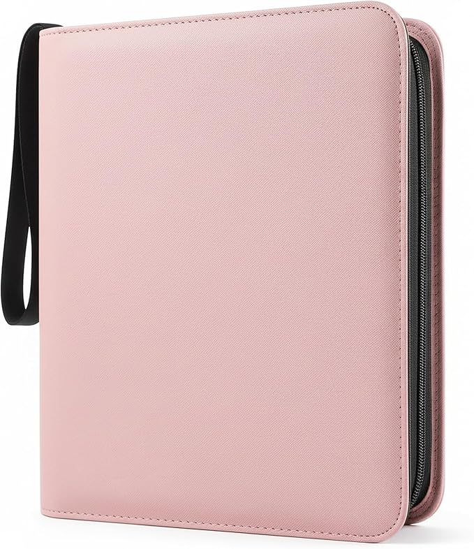 Top Loader Binder 4 Pocket for 144 Toploaders, Side Loading Toploader Binder for 3 x 4'' Rigid Cards with Zipper Closure, PU Leather Ringless 2x2 Card Binder for MTG/TCG/Sports/Games, Pink