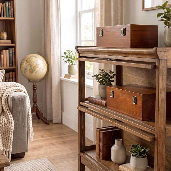 Sliner 2 Pcs Wooden Decorative Storage Boxes with Lids Vintage Wood Organizer Bins for Your Bookshelf Home Decor Safely Store Photos Documents Memory Jewelry Craft Storage (Warm Brown,S M Size)
