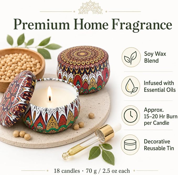 Scented Candles Gift Set, 18 Pack Soy Wax Blend Candles, 70 g Decorative Metal Candle Cans with Assorted Fragrances, Reusable Iron Candle Containers for Home, Bath, Spa, Yoga, Birthday Holiday Gifts