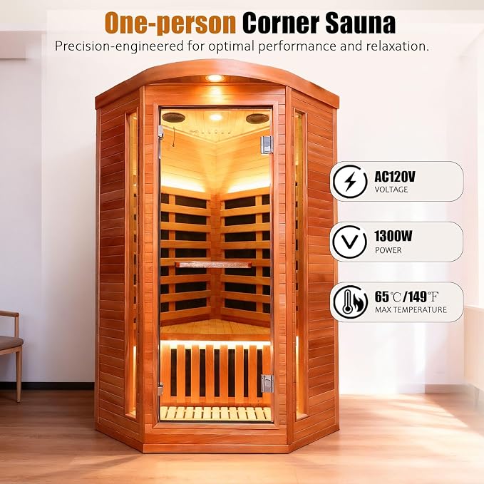 Corner Sauna Far Infrared Sauna 1 Person Home Saunas Indoor Wood Spa Room 1300W 120V with Red Light Bluetooth Speakers 37.4" x 37.4" x 70.9"