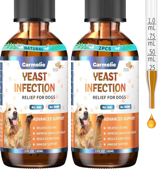 Carmelie 2PCS Yeast Infection Treatment for Dogs, Support Healthy Itch Relief, Ear Paw Discomfort Care, Itch Relief for Dog, Allergy Supports, Inflammation Relief for Dogs, Bacon Flavor 60ml