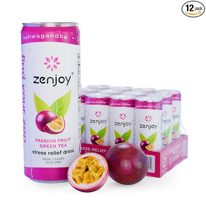 Zenjoy Adaptogen Drink Stress Relief Tea | Non Alcoholic Calming Drink w/Ashwagandha, Lemon Balm & L-Theanine for Focus | Stress Tea Calming Social Mocktail with Adaptogens (12 Pack, Passion Fruit)
