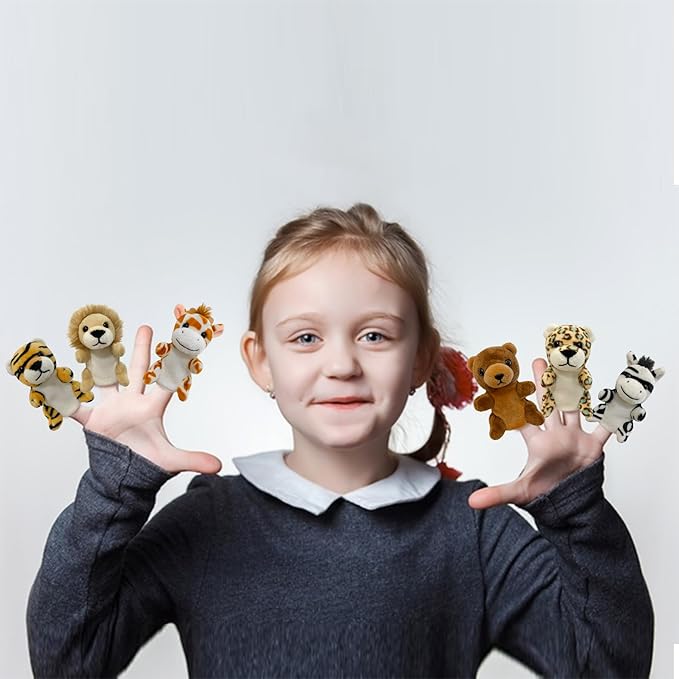 Jungle 6pcs Finger Puppets Set, Cute Animal Puppet for Role-Playing Mini Hand Puppets Giraffe Zebra Lion Tiger Brown Bear Leopard (jungle02)