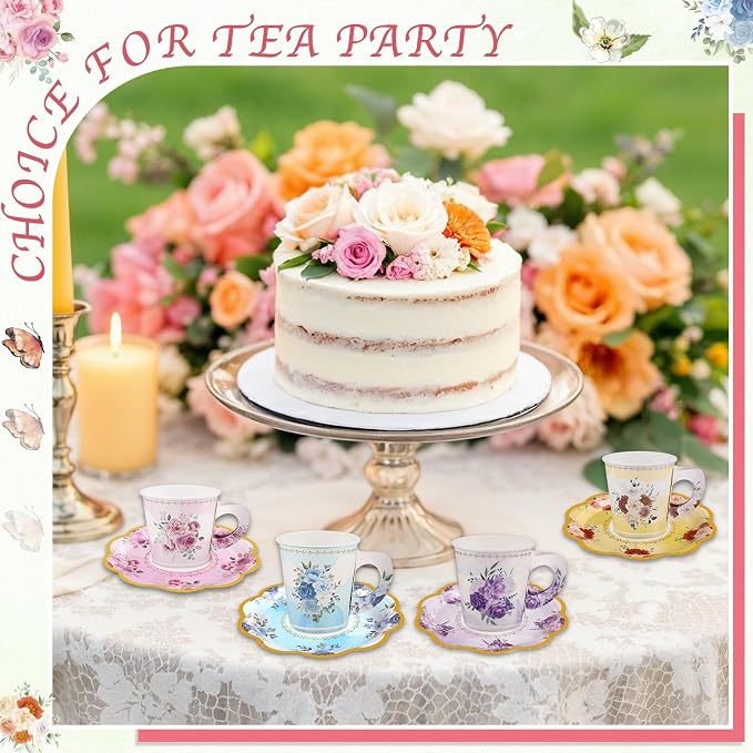 24 Sets Disposable Paper Tea Cups 7 OZ Floral Tea Party Cups with Handle and Plates Teacups and Saucer Sets for Garden Party Baby Bridal Shower Birthday(Watercolor Style)