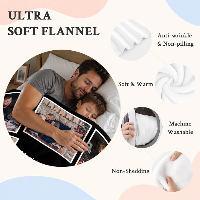 Fathers Day Birthday Gift for Dad Custom Blanket with 8 Photo & Text, Personalized Blankets with Picture to My Dad, HD Printing Customized Flannel Throw Blanket Gifts for Best Daddy Grandpa Ever
