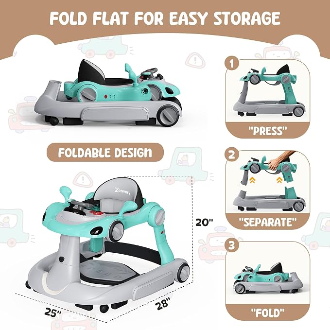 6 in 1 Foldable Baby Walker, Activity Baby Walker-Baby Bouncer, Rocker, Activity Center,Push Walker,Detachable Trampoline Mat, Adjustable Speed Rear Wheels and Height,Music & Lights,Ages 6-18 Months