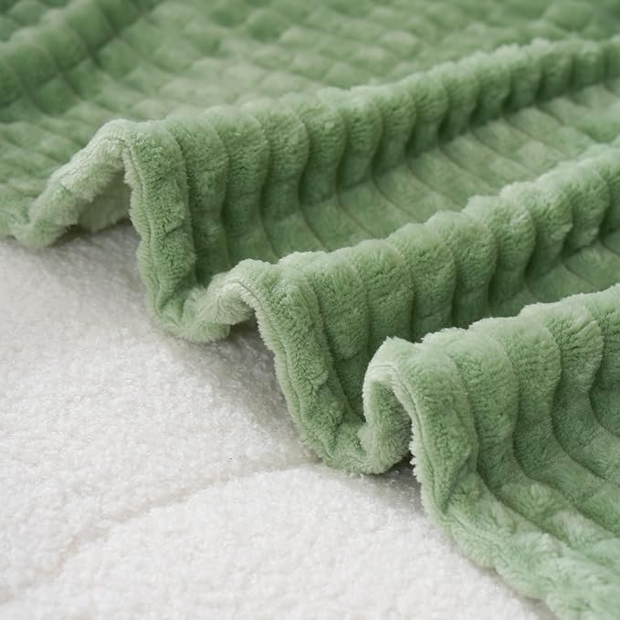 Puncuntex Fleece Throw Blanket Sage Green 60"×80" with Square Grid Design | Super Soft Plush Cozy Flannel Throw Blanket Luxury for Couch Sofa Chair