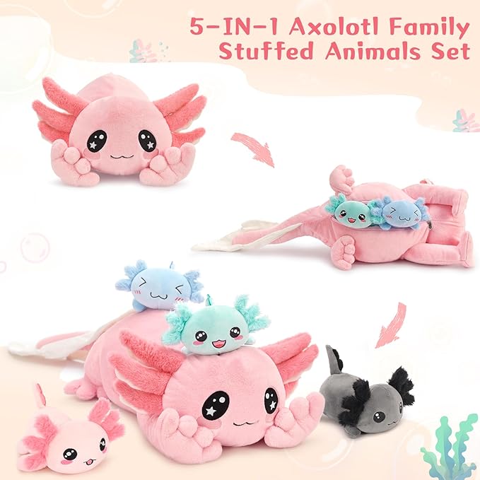 MaoGoLan 32 inch Large Pink Axolotl Stuffed Animals Bulk with 4 Babies, Cute Kawaii Plush Axolotl Toys Stuffed Salamander for Girls Kids Christmas Valentine's Day Gift, Glow in The Dark