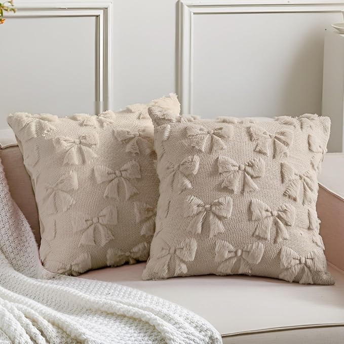 Mixweer Brown Bow Pillow Covers Set of 2 Preppy Room Decor Coquette Cute Spring Summer Decorative Faux Fur Soft Bowknot Stuff Fluffy Plush Aesthetic Pillowcase for Bed Sofa Couch (18 x 18 Inch)