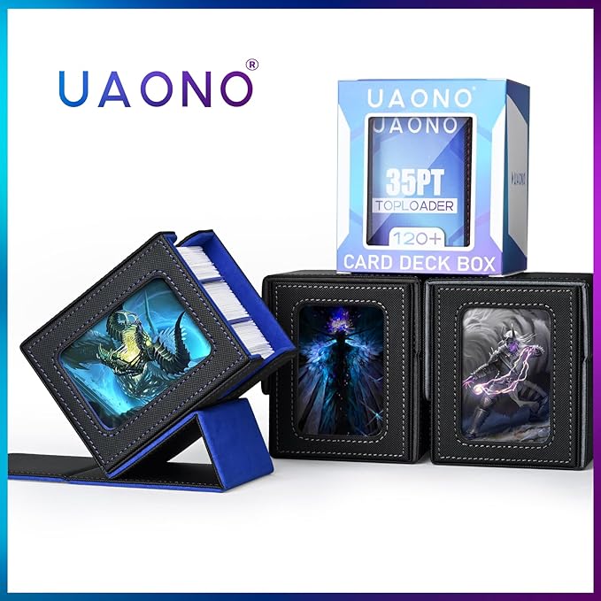 UAONO Card Deck Box with MTG Commander Display, Deck Case Holds 100+ Double-Sleeved Cards, Trading Card Storage Box Fits TCG/PTCG/Sports Card with 2 Dividers, 1 Top Loaders (Black, Blue)