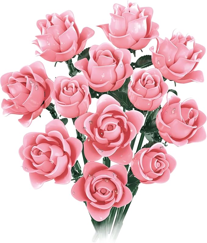 Pink Rose Bouquet Building Set, Compatible with Lego Flowers for Adults - Botanical Collection Gift for Halloween & Valentines - Artificial Plant Home Decor
