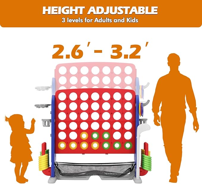 JOYLDIAS Jumbo 4-to-Score Giant Game Set, 4 in a Row Game with Ring Toss, Golf & More, 3.5FT Tall Indoor/Outdoor Connect Game with 42 Jumbo Rings & Quick-Release Slider, Holiday, Party & Family Games